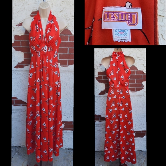 XS ?? Vintage 70's halter Red polyester Sleeveless Dress UNION MADE in USA - Picture 2 of 16